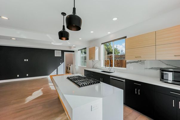 Interior, Kitchen, Pendant Lights, Recessed Lighting, Stainless Steel Appliances, Wood Texture Flooring