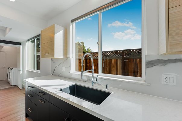 Interior, Kitchen, Marble Walls, Recessed Lighting, Wood Texture Flooring