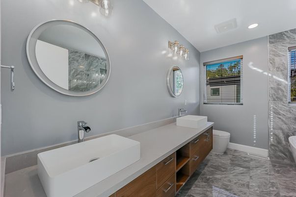 Bathroom, Dual Sink Vanities, Interior, Marble, Recessed Lighting