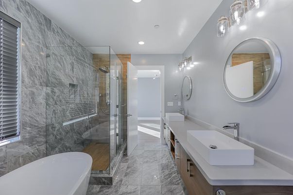 Bathroom, Dual Sink Vanities, Free Standing Baths, Glass Shower, Interior, Marble, Marble Walls, Recessed Lighting