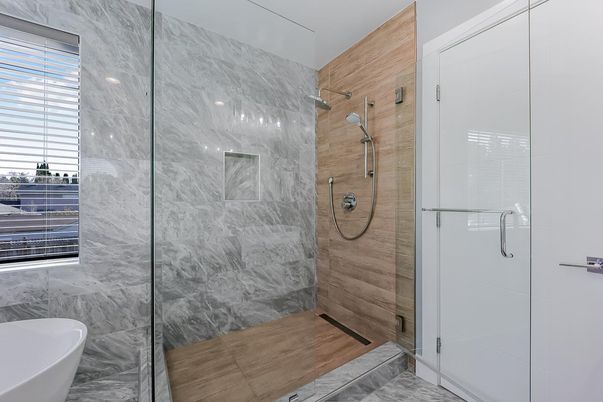 Bathroom, Free Standing Baths, Glass Shower, Interior, Marble Walls