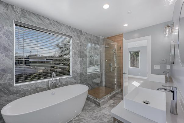 Bathroom, Free Standing Baths, Glass Shower, Interior, Marble Walls, Recessed Lighting
