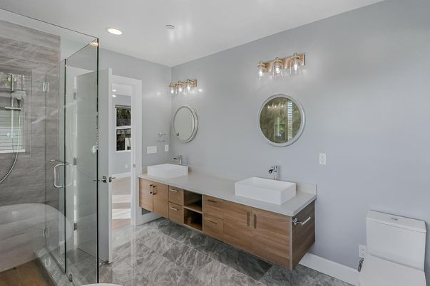 Bathroom, Dual Sink Vanities, Glass Shower, Interior, Marble, Recessed Lighting