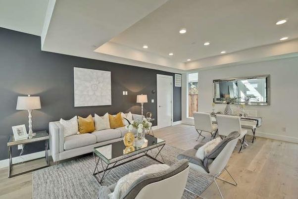 Dining room, Interior, Living room, Recessed Lighting, Wood Texture Flooring