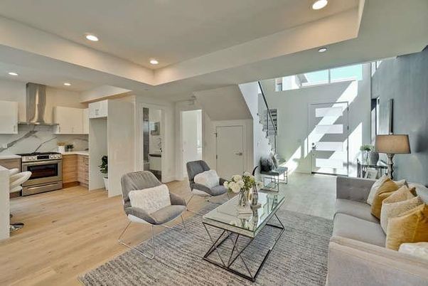 Interior, Kitchen, Living room, Recessed Lighting, Stainless Steel Appliances, Wood Texture Flooring