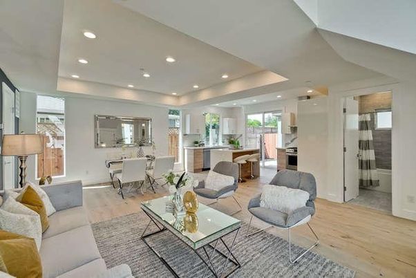 Dining room, Interior, Kitchen, Living room, Recessed Lighting, Stainless Steel Appliances, Wood Texture Flooring