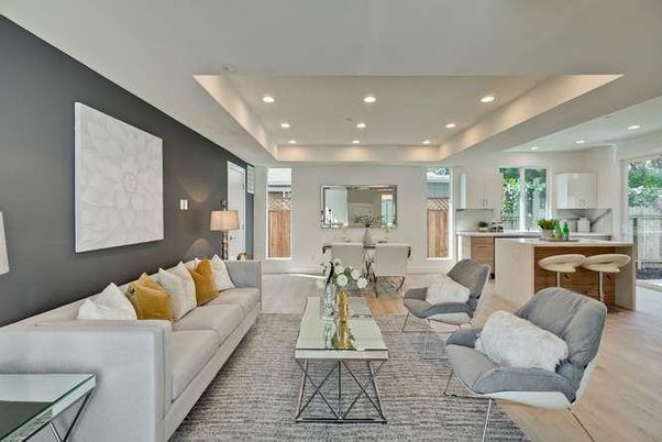 Dining room, Interior, Kitchen, Living room, Recessed Lighting, Wood Texture Flooring