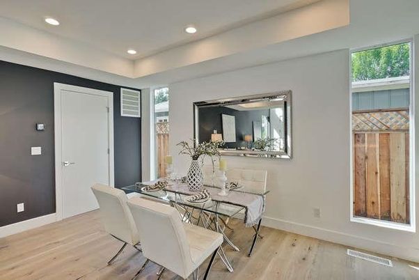 Dining room, Interior, Recessed Lighting, Wood Texture Flooring