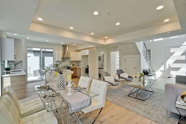 Interior, Kitchen, Living room, Recessed Lighting, Stainless Steel Appliances, Wood Texture Flooring