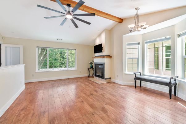 Chandelier, Empty room, Fireplace, Interior, Wooden Beams, Wood Texture Flooring