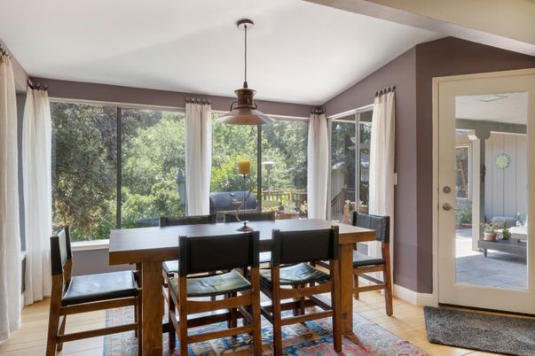 Dining room, Interior, Pendant Lights, Wood Texture Flooring