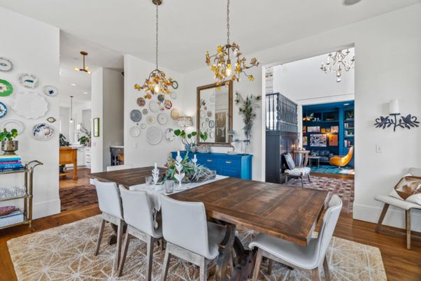 Dining room, Interior, Pendant Lights, Wood Texture Flooring