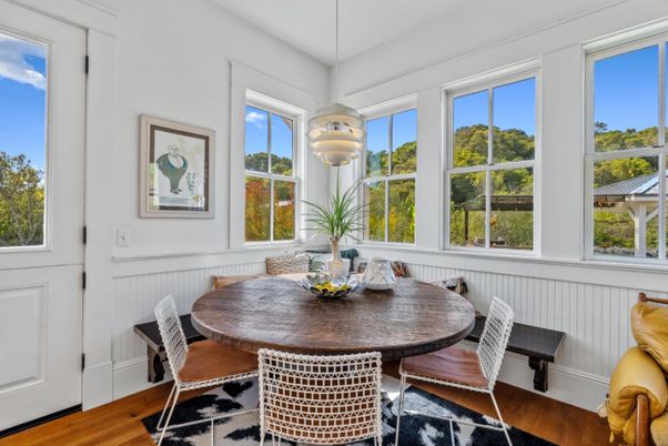 Dining room, Interior, Pendant Lights, Wood Texture Flooring