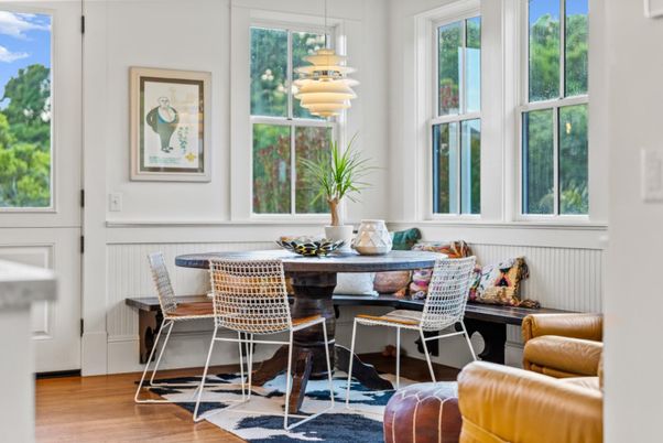 Dining room, Interior, Pendant Lights, Wood Texture Flooring