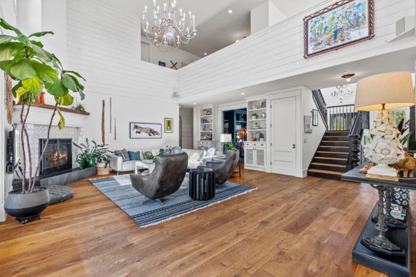 Chandelier, Fireplace, Interior, Living room, Recessed Lighting, Wood Texture Flooring