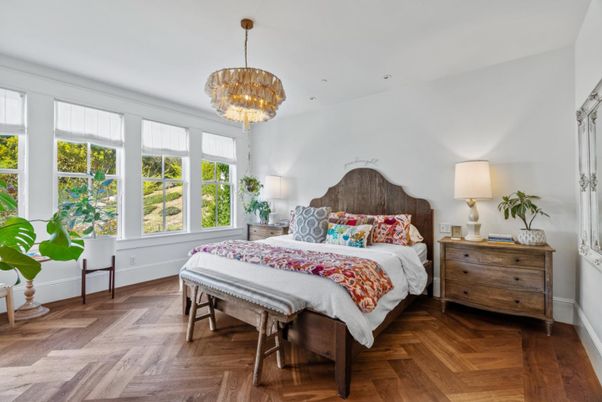 Bedroom, Chandelier, Interior, Wood Texture Flooring