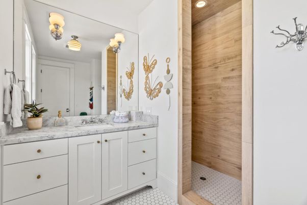 Bathroom, Dual Sink Vanities, Interior, Recessed Lighting, Wooden Walls