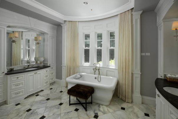 Bathroom, Dual Sink Vanities, Free Standing Baths, Interior, Marble, Recessed Lighting