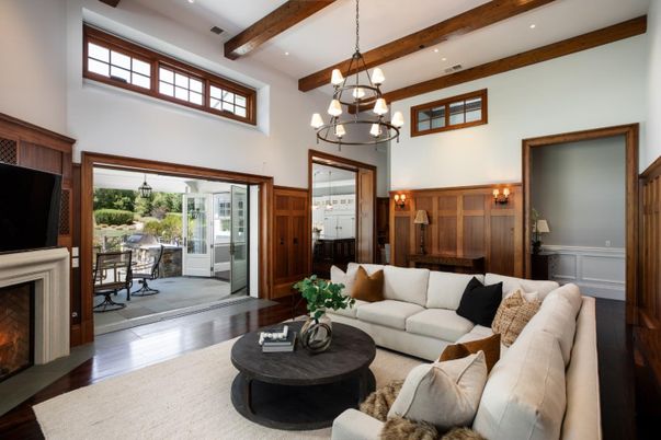 Chandelier, Fireplace, Interior, Living room, Recessed Lighting, Wooden Beams, Wood Texture Flooring