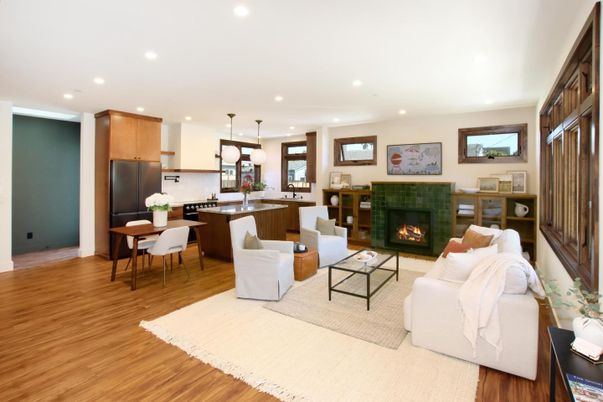 Dining room, Fireplace, Interior, Kitchen, Living room, Pendant Lights, Recessed Lighting, Wood Texture Flooring
