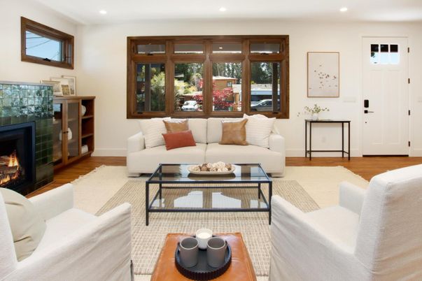 Fireplace, Interior, Living room, Recessed Lighting, Wood Texture Flooring