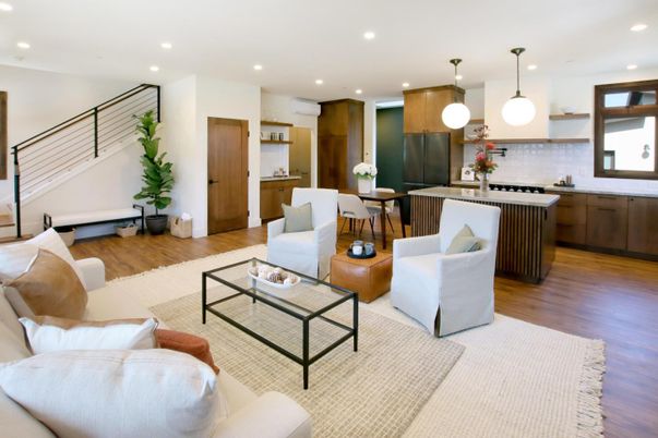 Dining room, Interior, Kitchen, Living room, Pendant Lights, Recessed Lighting, Wood Texture Flooring