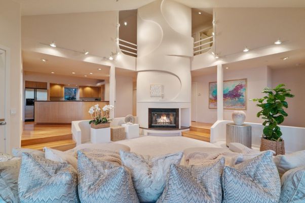 Fireplace, Interior, Living room, Recessed Lighting, Wood Texture Flooring