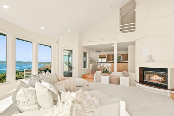 Fireplace, Interior, Kitchen, Living room, Recessed Lighting, Water