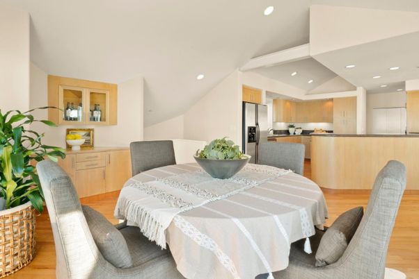 Dining room, Interior, Kitchen, Recessed Lighting, Stainless Steel Appliances, Wood Texture Flooring