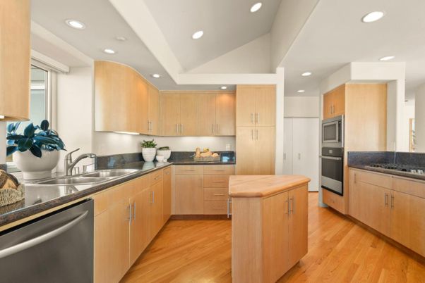 Interior, Kitchen, Recessed Lighting, Stainless Steel Appliances, Wood Texture Flooring