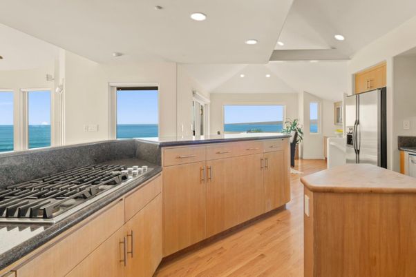Interior, Kitchen, Recessed Lighting, Stainless Steel Appliances, Water, Wood Texture Flooring
