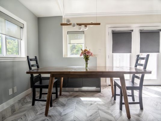 Dining room, Interior, Pendant Lights, Wood Texture Flooring