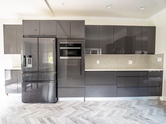Interior, Kitchen, Marble, Recessed Lighting, Stainless Steel Appliances, Wood Texture Flooring