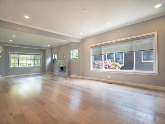 Empty room, Fireplace, Interior, Recessed Lighting, Wood Texture Flooring