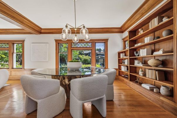Dining room, Interior, Pendant Lights, Wood Texture Flooring