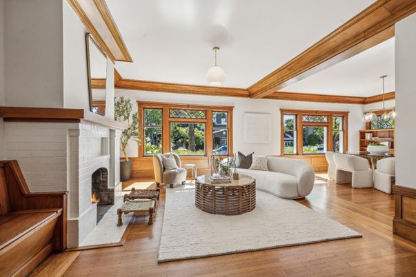 Dining room, Fireplace, Interior, Living room, Pendant Lights, Wood Texture Flooring