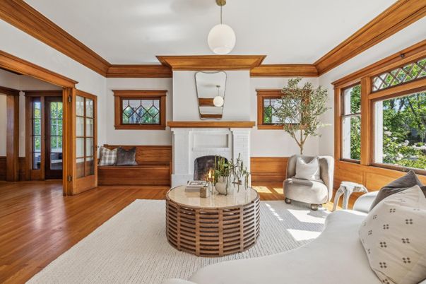 Fireplace, Interior, Living room, Pendant Lights, Wood Texture Flooring
