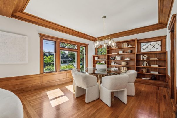 Dining room, Interior, Pendant Lights, Wood Texture Flooring