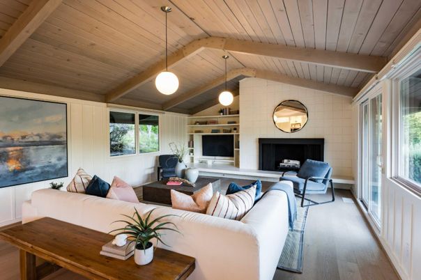 Fireplace, Interior, Living room, Pendant Lights, Wooden Ceilings, Wood Texture Flooring