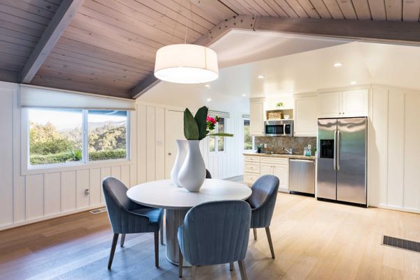 Dining room, Interior, Kitchen, Pendant Lights, Recessed Lighting, Stainless Steel Appliances, Wooden Ceilings, Wood Texture Flooring