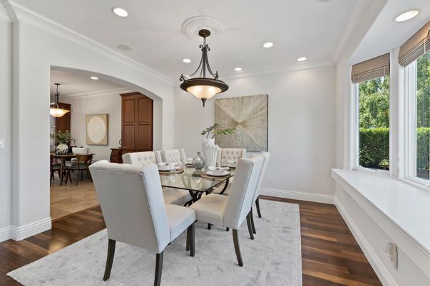 Dining room, Interior, Pendant Lights, Recessed Lighting, Wood Texture Flooring