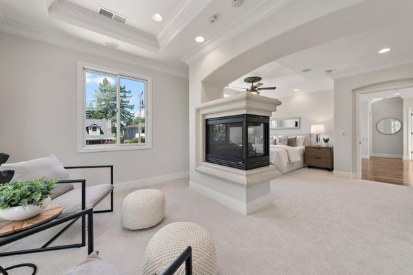 Bedroom, Fireplace, Interior, Recessed Lighting, Wood Texture Flooring