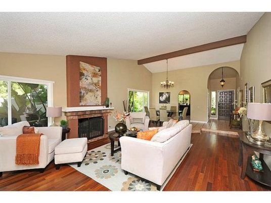 Chandelier, Dining room, Fireplace, Interior, Living room, Pendant Lights, Wooden Beams, Wood Texture Flooring