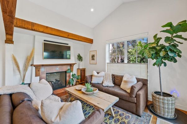 Fireplace, Interior, Living room, Recessed Lighting, Wooden Beams, Wood Texture Flooring