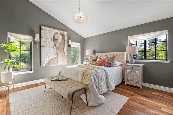 Bedroom, Interior, Pendant Lights, Wood Texture Flooring