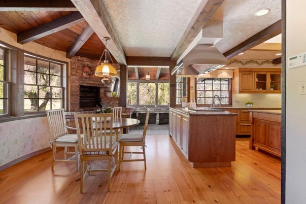 Dining room, Fireplace, Interior, Kitchen, Pendant Lights, Recessed Lighting, Stone Walls, Wooden Beams, Wooden Ceilings, Wood Texture Flooring