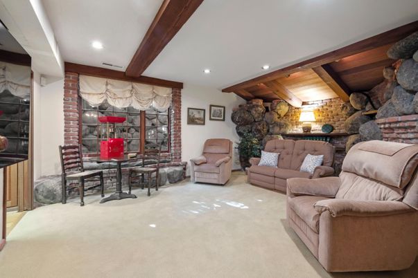Interior, Living room, Recessed Lighting, Stone Walls, Wooden Beams