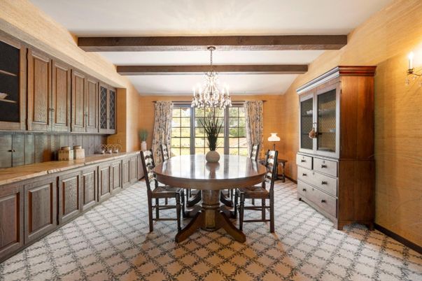 Chandelier, Dining room, Interior, Wooden Beams