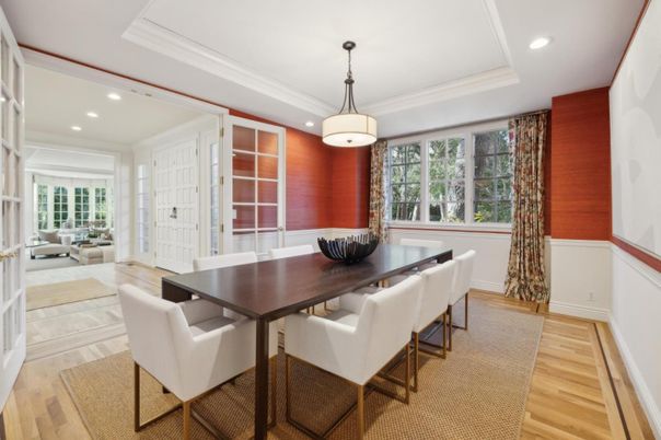 Dining room, Interior, Living room, Pendant Lights, Recessed Lighting, Wood Texture Flooring