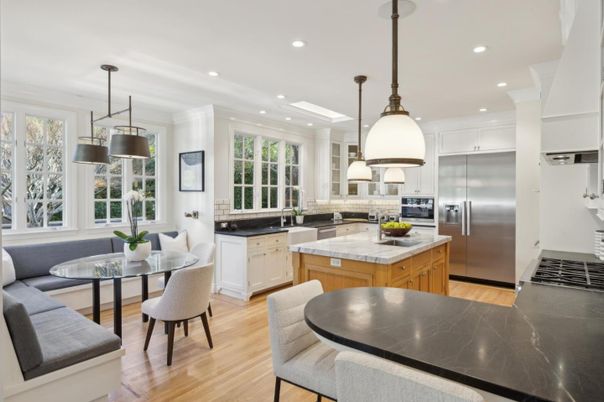 Dining room, Interior, Kitchen, Pendant Lights, Recessed Lighting, Stainless Steel Appliances, Wood Texture Flooring